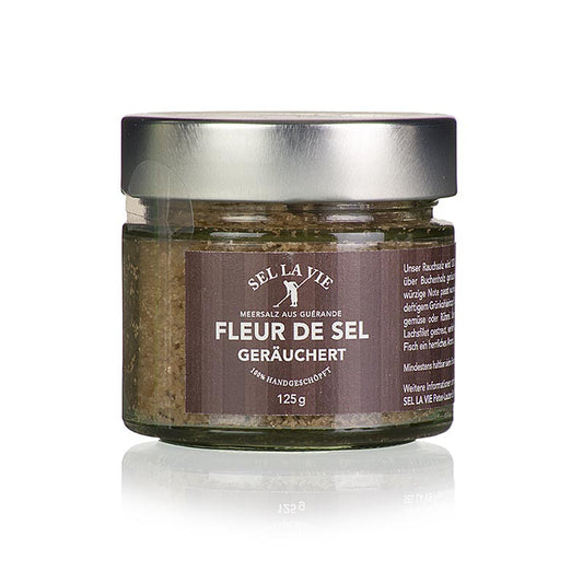 125 g of Sel la Vie's smoky Fleur de Sel, perfect for adding depth of flavor to your dishes