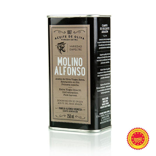 Extra olijfolie van eerste persing, Molino Alfonso Bajo Aragon DOP/BOB, 100% Empeltre, 250 ml - Olijfolie van hoge kwaliteit uit Bajo Aragon, met DOP/BOB-certificering, gemaakt van 100% Empeltre-olijven, in een fles van 250 ml