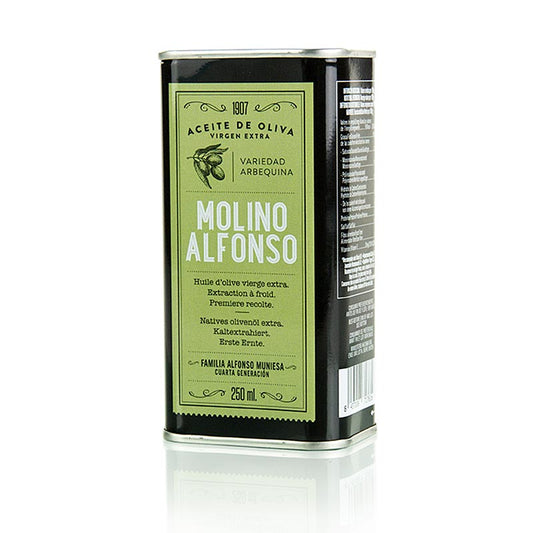High-quality extra virgin olive oil from first cold pressing, Molino Alfonso, made from Arbequina olives and imported from Spain, available in a 250 ml bottle