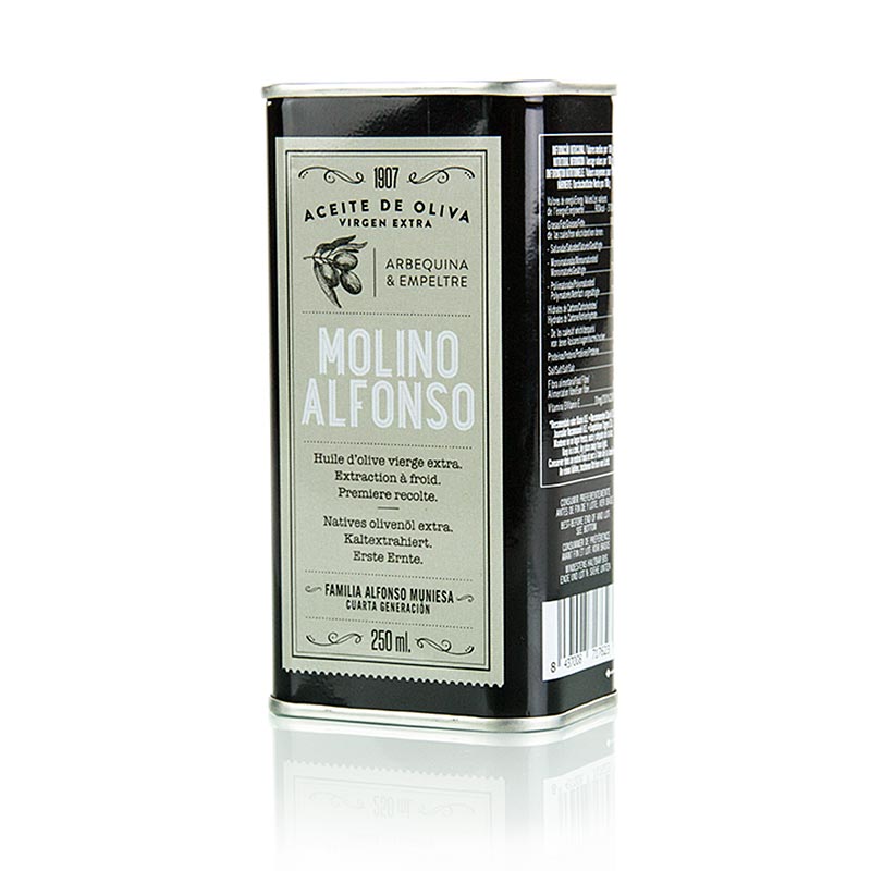 250 ml bottle of Molino Alfonso Extra Virgin Olive Oil from first cold pressing, made with Arbequina and Empreltre olives, produced in Spain, perfect for enhancing your culinary creations with its rich and flavorful taste