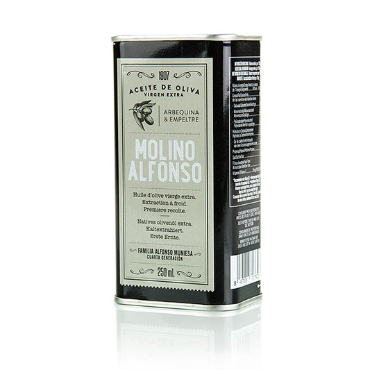 250 ml bottle of Molino Alfonso Extra Virgin Olive Oil from first cold pressing, made with Arbequina and Empreltre olives, produced in Spain, perfect for enhancing your culinary creations with its rich and flavorful taste