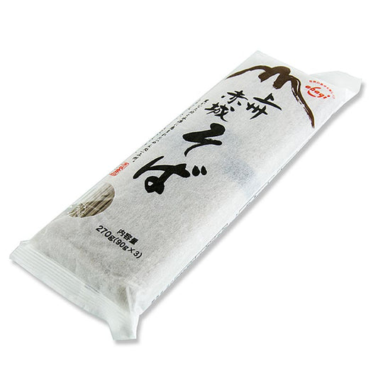 Soba noedels met boekweit en tarwemeel, donker van kleur, 1mm dik en 20cm lang, van het merk Akagi Joshu, 270 g