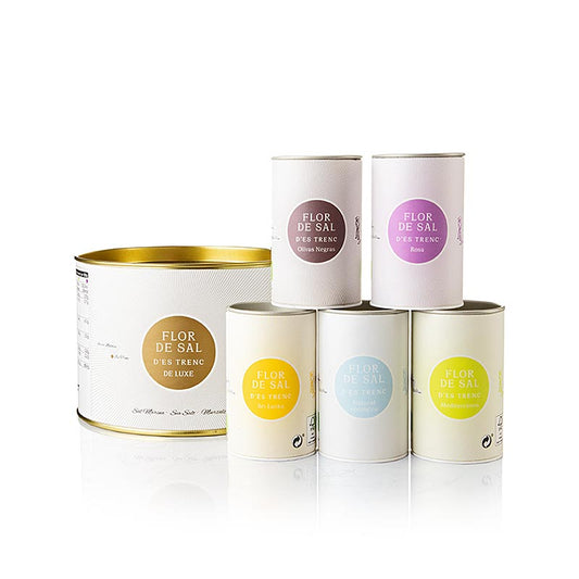 Flor de Sal d'es Trenc - Deluxe Set (kerrie, roos, olijven, kruiden, puur), biologisch, 250 g, 5 x 50g - Biologische set van 5 x 50g zout met curry, rozen, olijven en kruiden