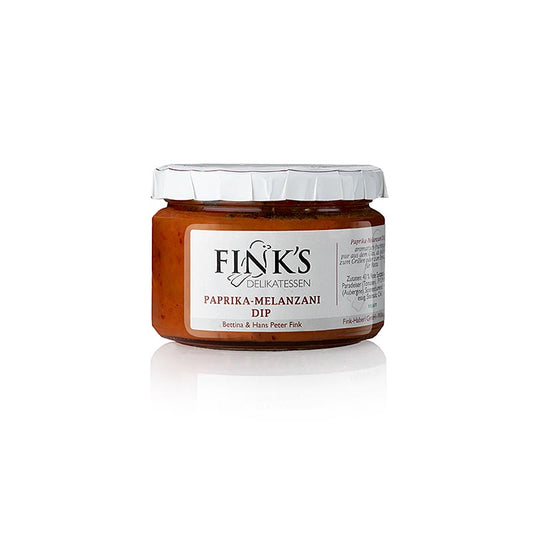 A close-up image of a 220 g jar of Fink's Delikatessen Paprika-melanzani (aubergine) dip, a savory and flavorful spread perfect for snacking and entertaining