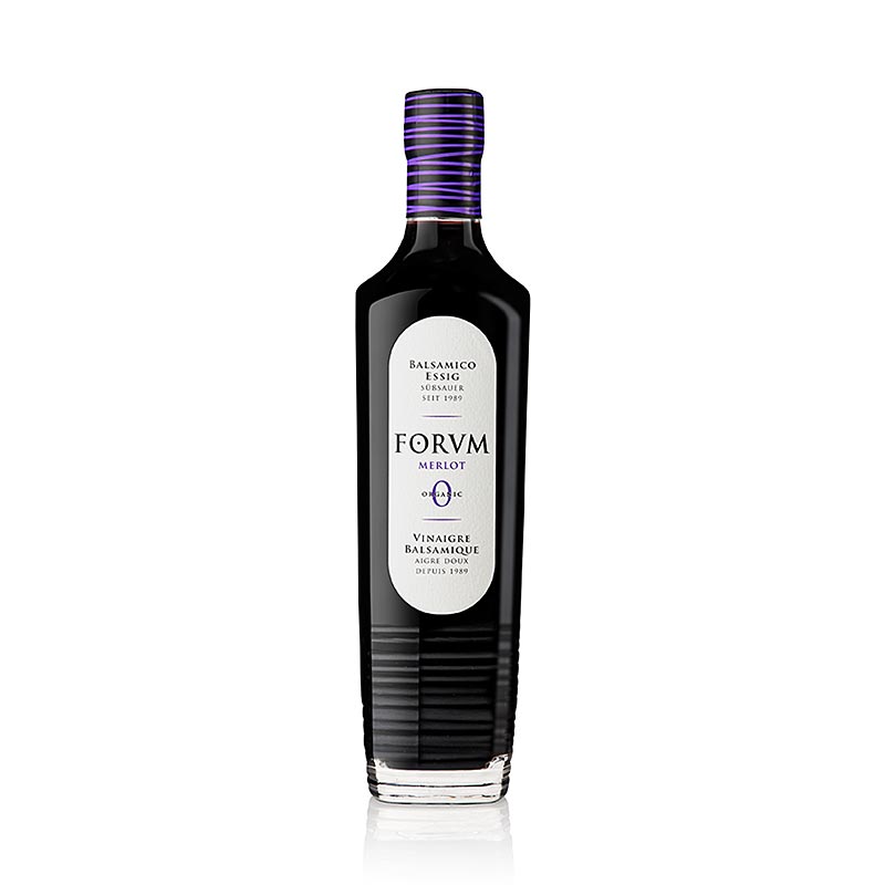 Organic 500 ml bottle of FORVM Merlot balsamic vinegar with 65% acidity, ideal for enhancing the flavor of dishes and salads
