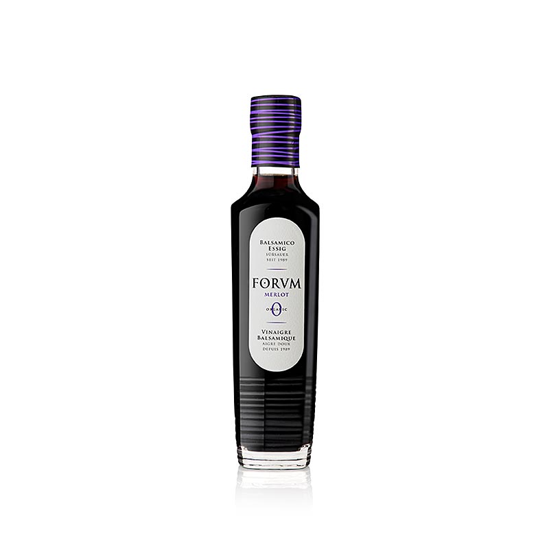 Organische FORVM Merlot balsamicoazijn met een zuurgraad van 6,5%, in een fles van 250 ml, perfect voor het verrijken van salades en gerechten