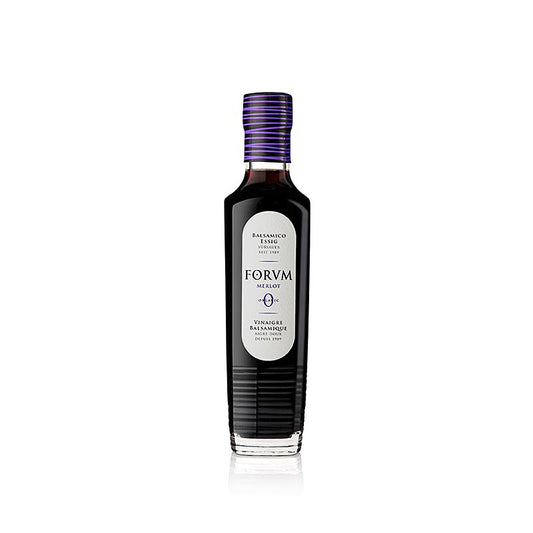 Organische FORVM Merlot balsamicoazijn met een zuurgraad van 6,5%, in een fles van 250 ml, perfect voor het verrijken van salades en gerechten