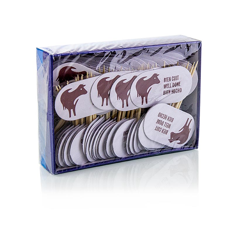 Pack of 100 8cm wooden skewers with Well Done inscription on small plates