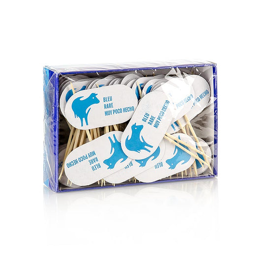 Houten spiesen, met bordje, met opschrift "Rare", 8 cm, 100 stuks