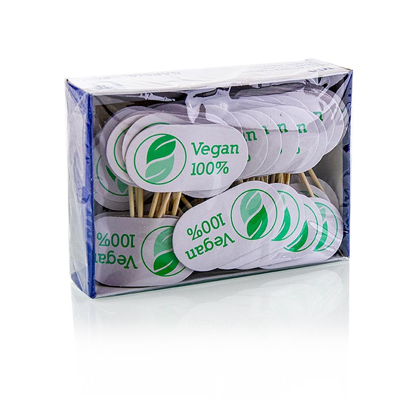 Houten spiesen, met bordje, met opschrift "Vegan", 8 cm, 100 stuks