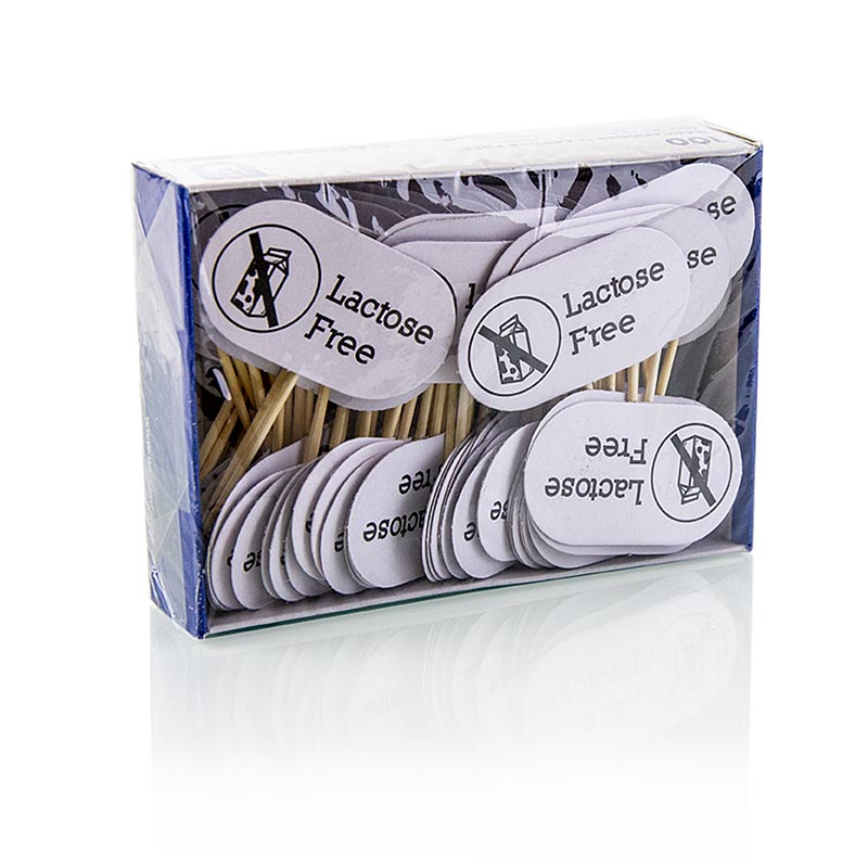 Houten spiesen, met bordje, met opschrift "Lactose Free", 8 cm, 100 stuks