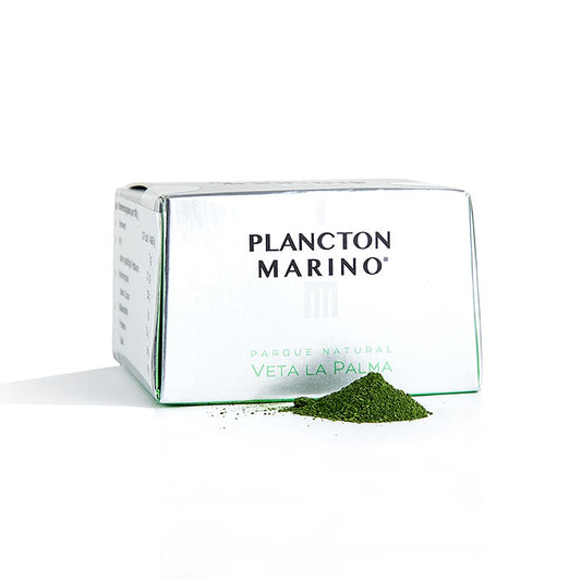 Close-up photo of a 10g package of Angel León's Plancton Marino, a marine plankton product