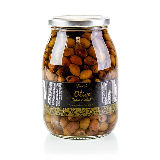 Zwarte olijven zonder pit, Leccino (Denocciolate), Viveri, 950 g - Een pot vol met heerlijke ontpitte Leccino olijven van Viveri