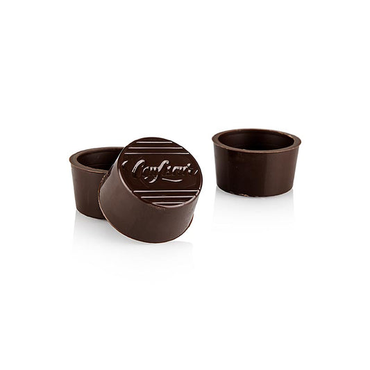Praline halve schalen, rond, gemaakt van pure chocolade, met een diameter van 30/25/16mm, van het merk Läderach, verpakt in een doos van 2016 kg, in totaal 672 stuks