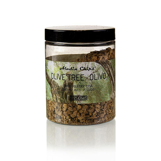Alt-tekst: Aladin Rookhout Olijfboom - Olivio (olijfboom), 100% Chef, 80 g - natuurlijke olijfhouten rookhoutsnippers voor het toevoegen van een heerlijke rooksmaak aan gerechten, perfect voor het roken van vlees, vis en groenten
