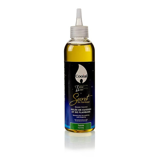 200 ml bottle of Secret de Flambage tijm flambeergel by Cookal, ideal for adding flavorful flames to your dishes