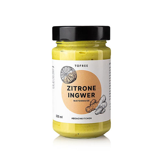 225 ml jar of TOFREE-noord Citroengembermayo, a tangy and zesty mayonnaise with lemon and ginger flavors