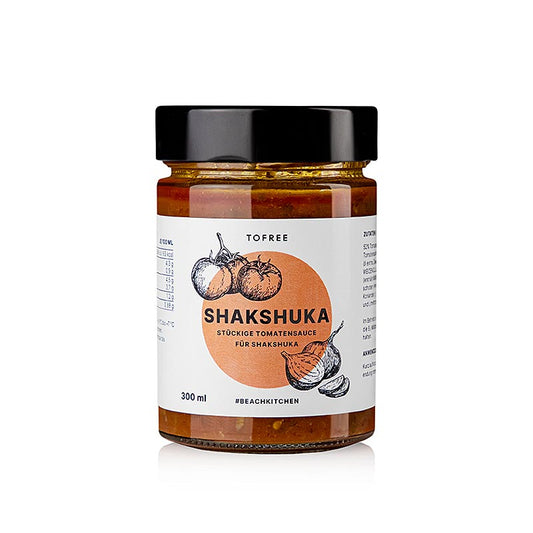 Shakshuka, tomatensaus basis voor eiergerechten, TOFREE-noord, 300 ml - Illustratie van een fles tomatensaus voor eiergerechten van TOFREE-noord, 300 ml