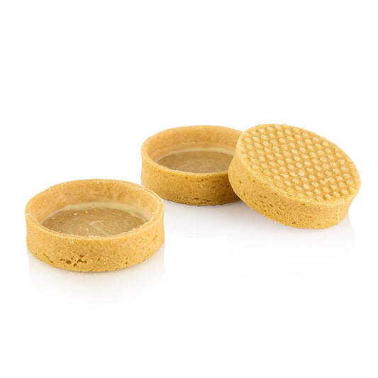 Delicious vanille dessert tartelettes with a coated crust, 57mm diameter and 16mm height, weighing 144 kg, and coming in a pack of 120 pieces