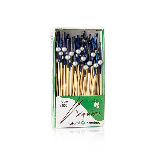 Houten satéstokjes, met blauw gekleurd uiteinde, zilveren bol, 10cm, 100 stuks.