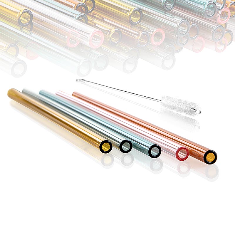 Duurzame glazen rietjes in een verpakking van 50 stuks, elk 24cm lang en met een diameter van 8mm en een wanddikte van 1,5mm, recht en in verschillende kleuren voor herbruikbare drinkopties