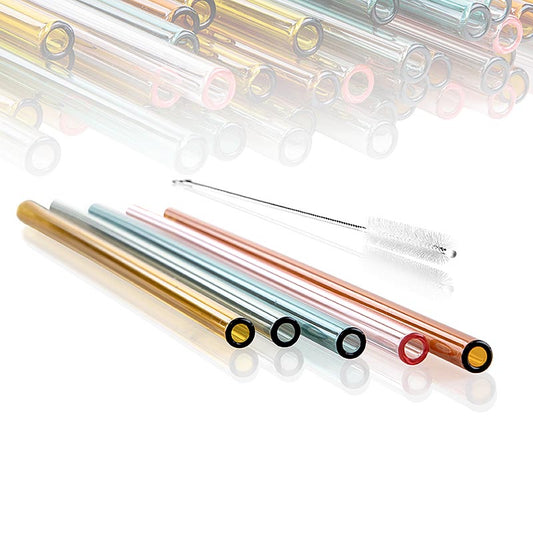 Duurzame glazen rietjes in een verpakking van 50 stuks, elk 24cm lang en met een diameter van 8mm en een wanddikte van 1,5mm, recht en in verschillende kleuren voor herbruikbare drinkopties