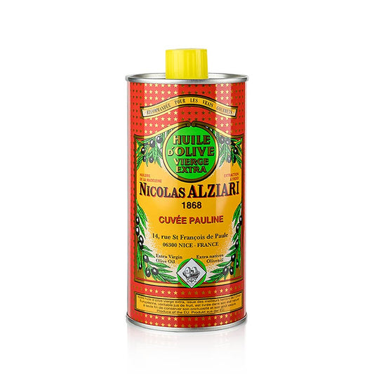 Organic 500 ml bottle of Extra Virgin Olive Oil from first pressing, Cuvée Pauline (intense) by Alziari, perfect for enhancing flavors in cooking and dressing salads
