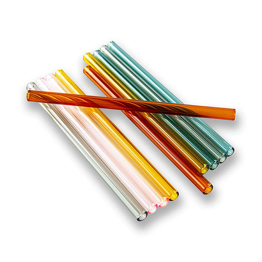 Set of 10 straight and colored borosilicate glass straws, 8mm diameter, 15mm wall thickness, 15cm long