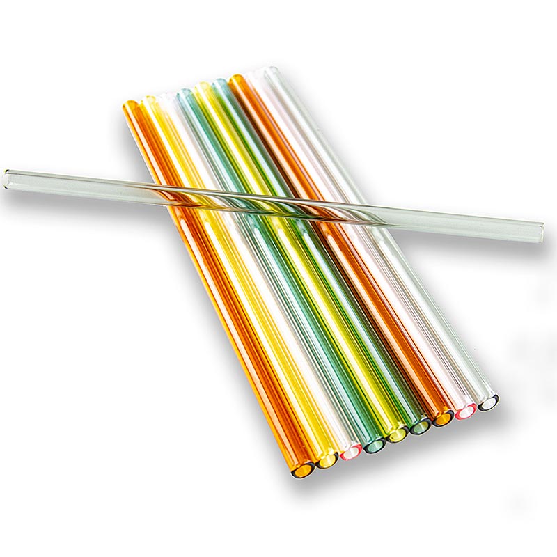 Glazen rietjes (borosilicaat), recht & kleurrijk, ø8 mm (1,5 mm wand), 21 cm, 10 stuks