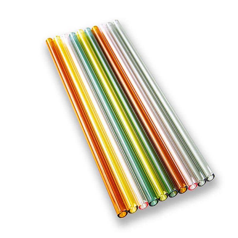 Set of 10 borosilicate glass straws, straight and colored, with 8mm diameter and 15mm wall thickness, 24cm in length