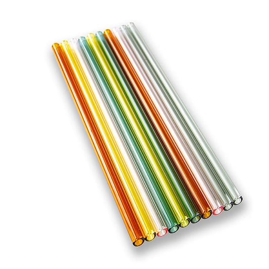 Set of 10 borosilicate glass straws, straight and colored, with 8mm diameter and 15mm wall thickness, 24cm in length