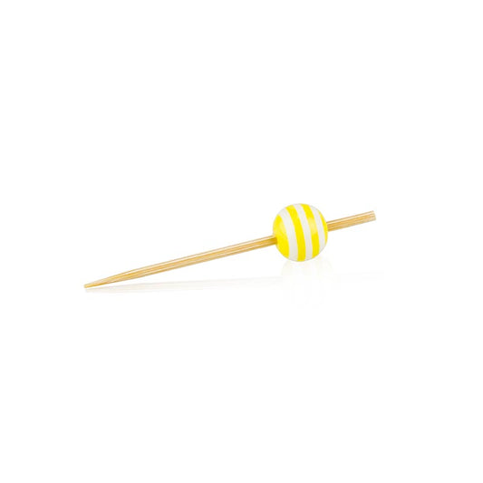 Houten satéstokjes, met gele en witte strepen, 5cm lang, verpakt per 100 stuks, perfect voor feestjes en cateringdoeleinden