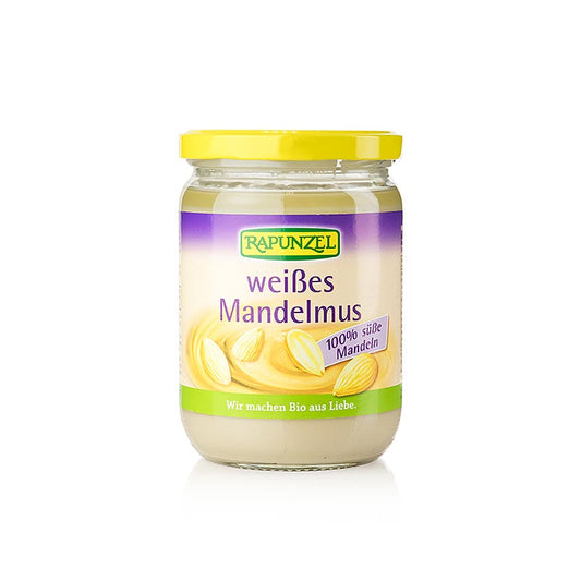 Afbeelding van een pot biologische, 500 g veganistische, witte amandelboter van het merk Rapunzel