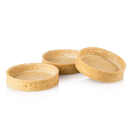 Delicious vanilla dessert tartelettes with a gecoat coating, measuring ø 81x19mm height and weighing 104 kg, sold in a pack of 45 stuks