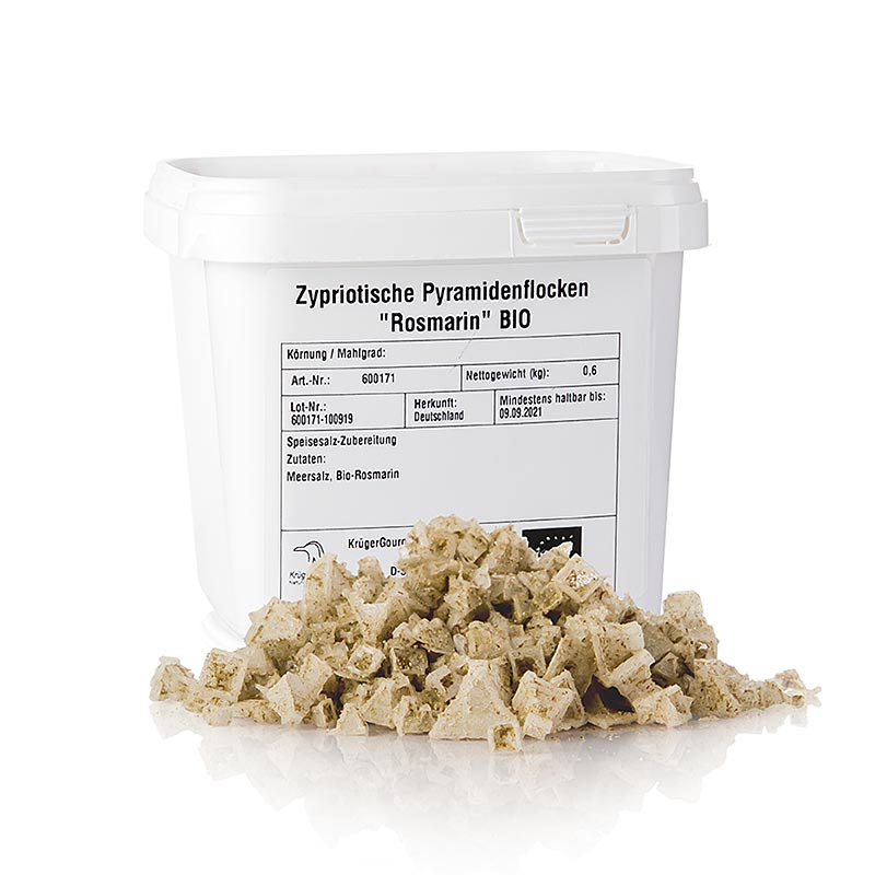 Zeezout met rozemarijn in piramidevorm, afkomstig uit Cyprus en geproduceerd door Petros als biologisch product, in een verpakking van 600 gram