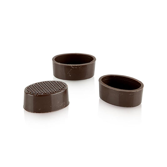 Ovale schelpen van pure chocolade, 32/33mm x 22/24mm, 13mm hoog, verpakt door Läderach, 2,352 kg, 784 stuks