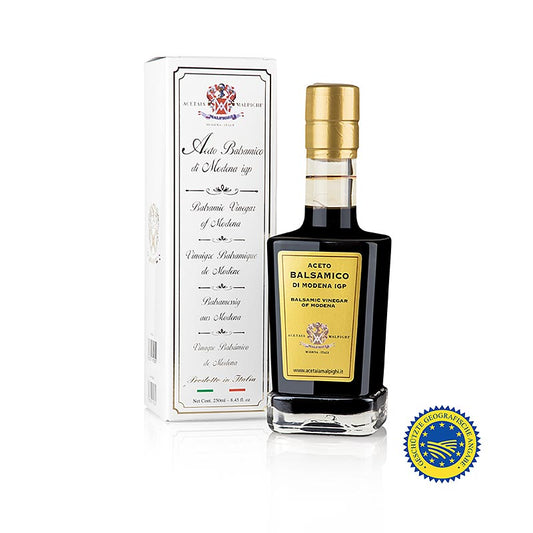 Rich and flavorful Aceto Balsamico di Modena IGP, aged for 15 years, in a gold-labeled 250 ml bottle by Malpighi
