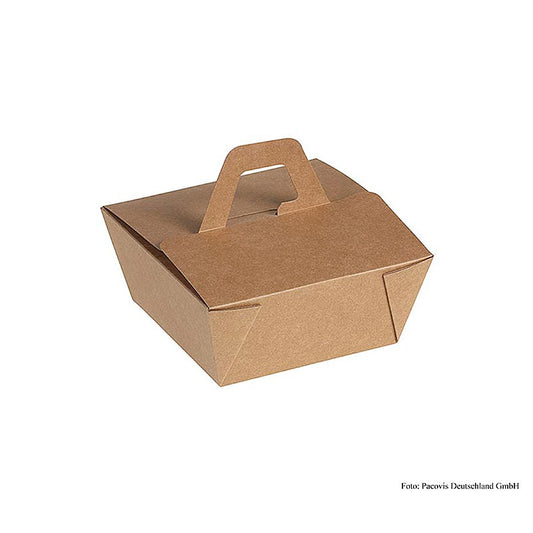 Natuurlijke wegwerp meeneemdoos met handvat, gemaakt van Kraft en PLA materiaal, afmeting 12x12x6,5cm, inhoud 900ml, verpakking van 200 stuks