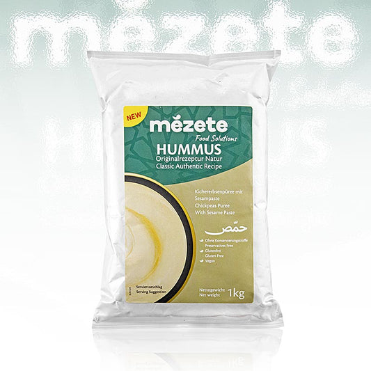 1 kg verpakking van professionele Hummus Classic, gemaakt van kikkererwtenpuree met sesampasta, van het merk Mézete