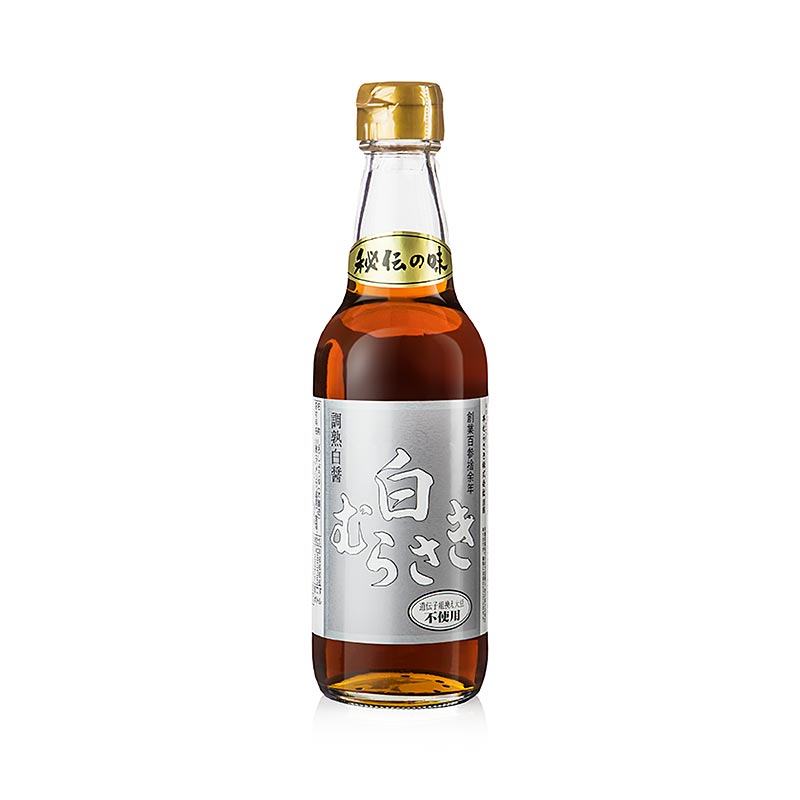 Sojasaus - Shiro Shoyu - witte sojasaus, gouden capsule, 360 ml: A bottle of premium white soy sauce with a golden capsule, 360 ml