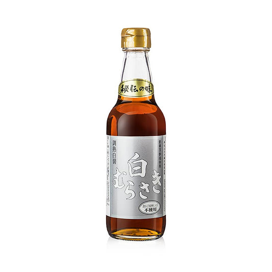 Sojasaus - Shiro Shoyu - witte sojasaus, gouden capsule, 360 ml: A bottle of premium white soy sauce with a golden capsule, 360 ml