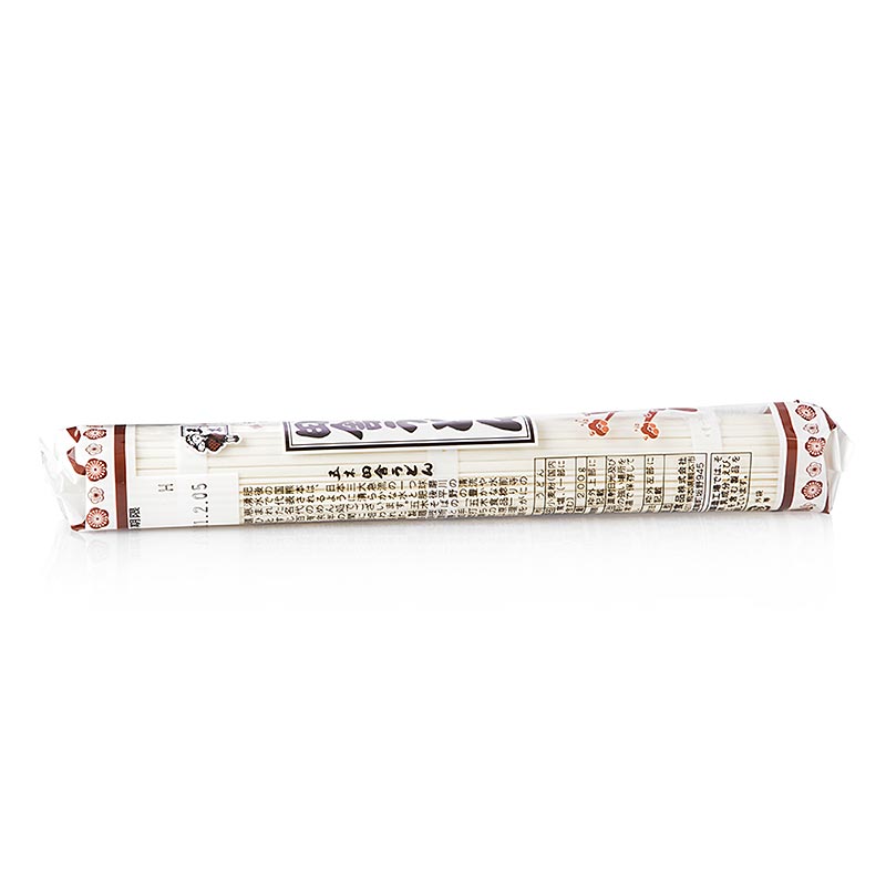 Japanese Inaka Udon noodles, made of wheat, light in color, oval shape, approximately 3 mm thick, and 23 cm long, 200 g package
