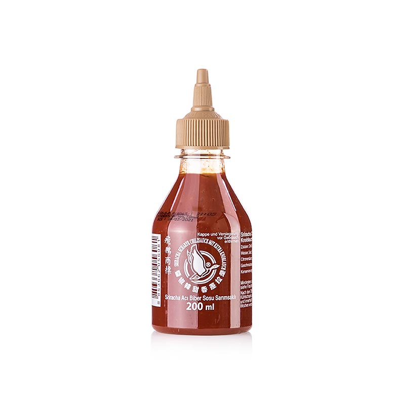 200 ml Flying Goose Sriracha hot chili sauce with extra garlic in a convenient squeeze bottle