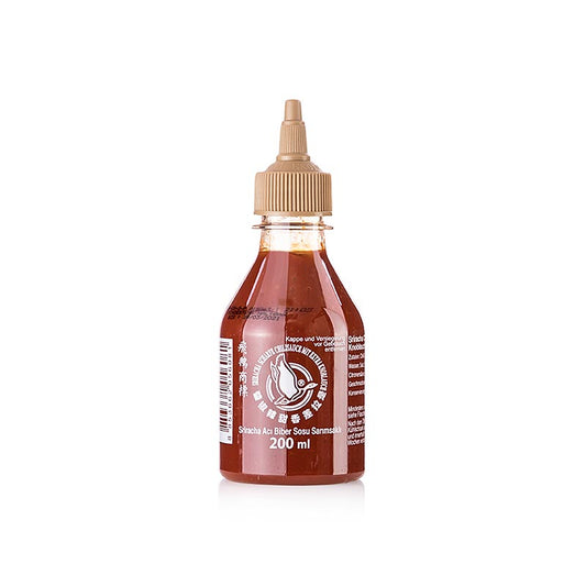 200 ml Flying Goose Sriracha hot chili sauce with extra garlic in a convenient squeeze bottle