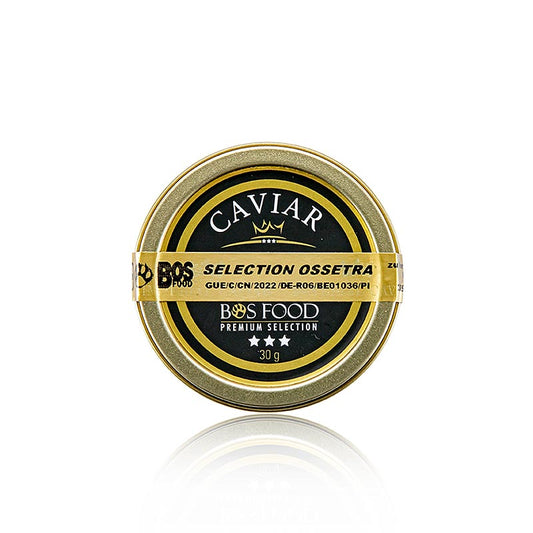 Exquisite 30g tin of Selectie Ossetra caviar from Acipenser gueldenstaedtii