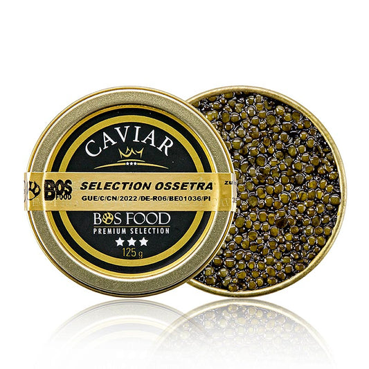 Close-up of a 125 g tin of Selectie Ossetra caviar (Acipenser gueldenstaedtii) with a golden sheen, on a white background