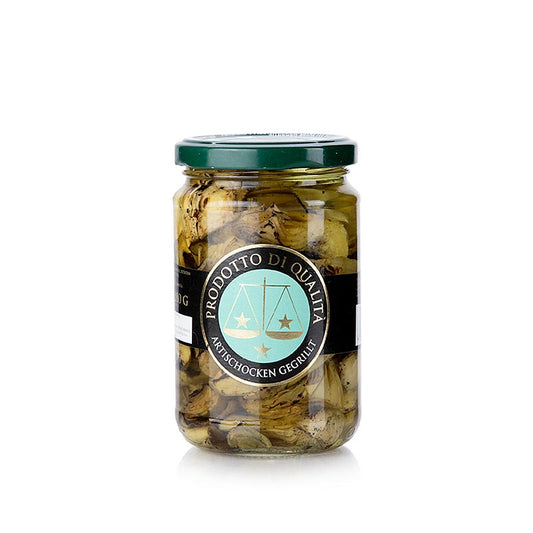 Glass jar of La Bilancia Gepekelde artisjokken - Carciofi sott'olio, 280 g, showing marinated artichoke hearts in sunflower oil and herbs