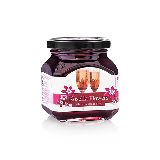 8 wild hibiscus flowers preserved in 270g of Wilde Rosella syrup