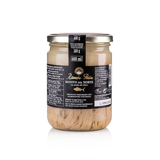 Premium 400g can of Ramon Pena Gold Albacore Tuna Bonito del Norte in olive oil, showcasing the high-quality texture and flavor of the product