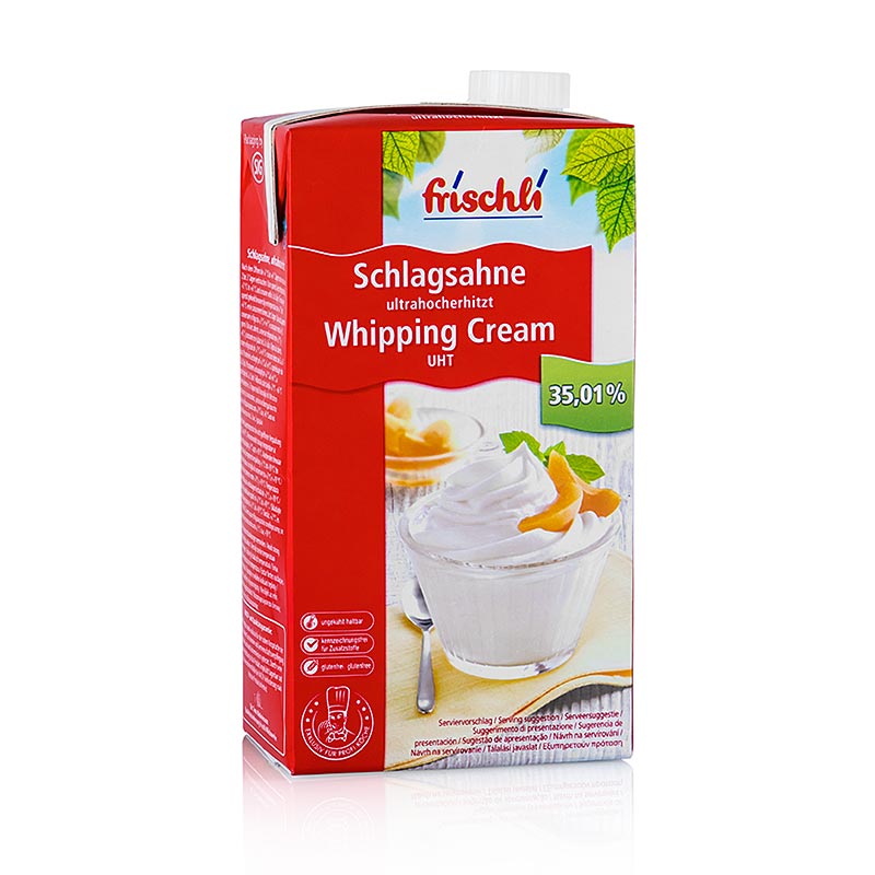 Alt text: Frischli 1kg H - Slagroom with 3501% fat, high-quality cream product for professional and home use